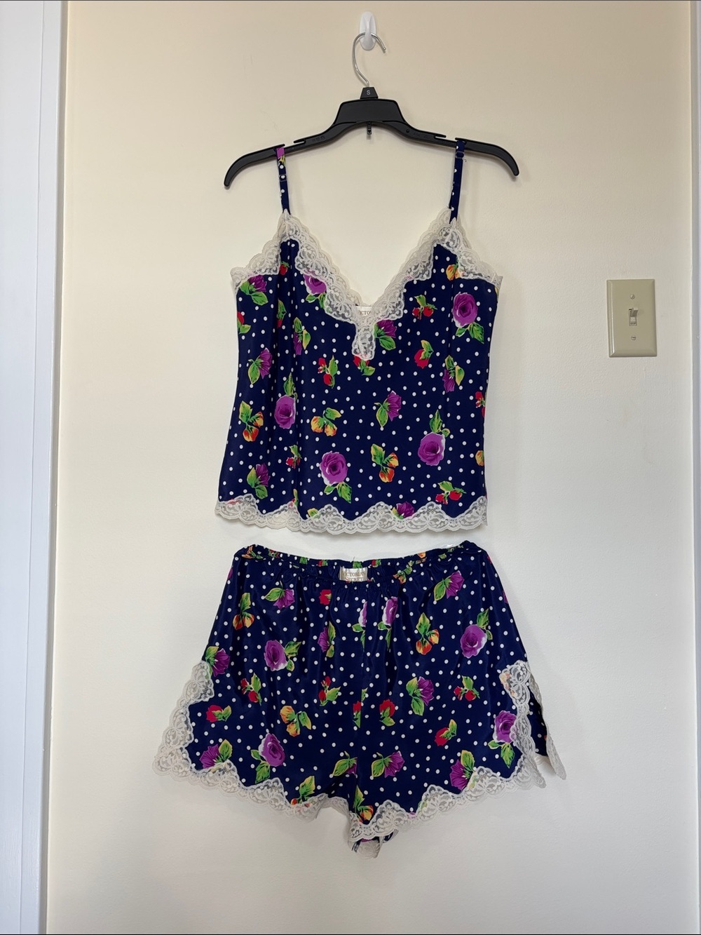 Victorias Secret Vintage Gold Label Navy Lace-Trim Cami Shorts Robe Sleep Set 3p
